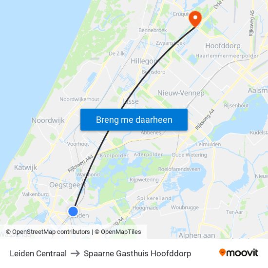 Leiden Centraal to Spaarne Gasthuis Hoofddorp map