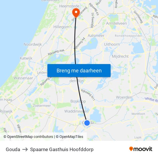 Gouda to Spaarne Gasthuis Hoofddorp map