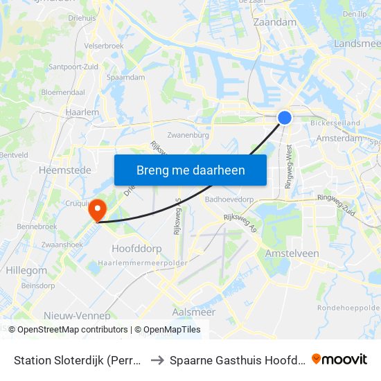Station Sloterdijk (Perron N) to Spaarne Gasthuis Hoofddorp map