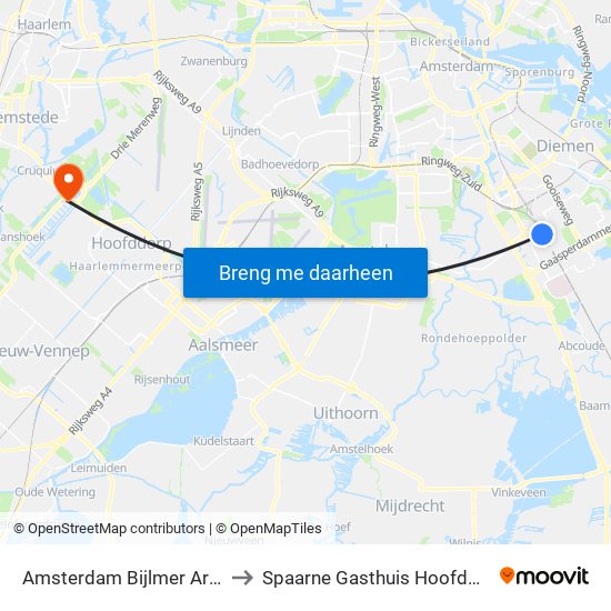 Amsterdam Bijlmer Arena to Spaarne Gasthuis Hoofddorp map