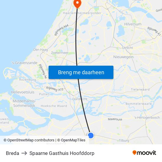 Breda to Spaarne Gasthuis Hoofddorp map