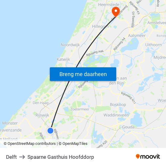 Delft to Spaarne Gasthuis Hoofddorp map