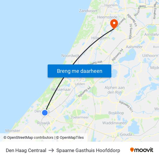Den Haag Centraal to Spaarne Gasthuis Hoofddorp map