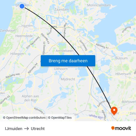 IJmuiden to Utrecht map