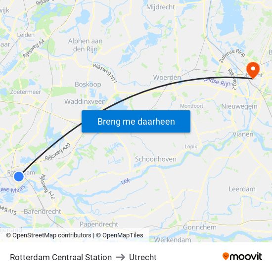 Rotterdam Centraal Station to Utrecht map