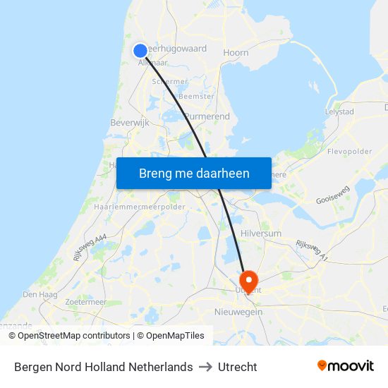 Bergen Nord Holland Netherlands to Utrecht map