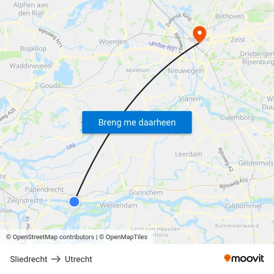 Sliedrecht to Utrecht map
