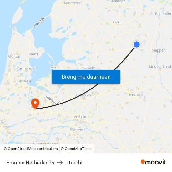Emmen Netherlands to Utrecht map