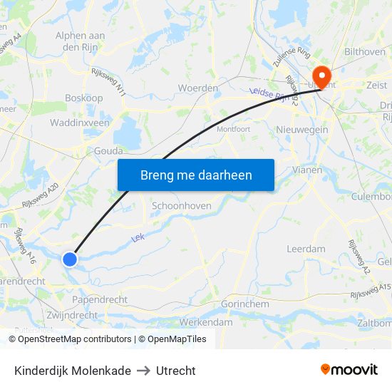 Kinderdijk Molenkade to Utrecht map