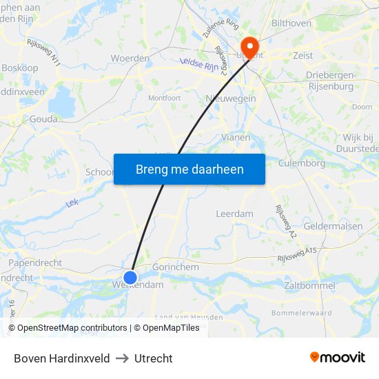 Boven Hardinxveld to Utrecht map