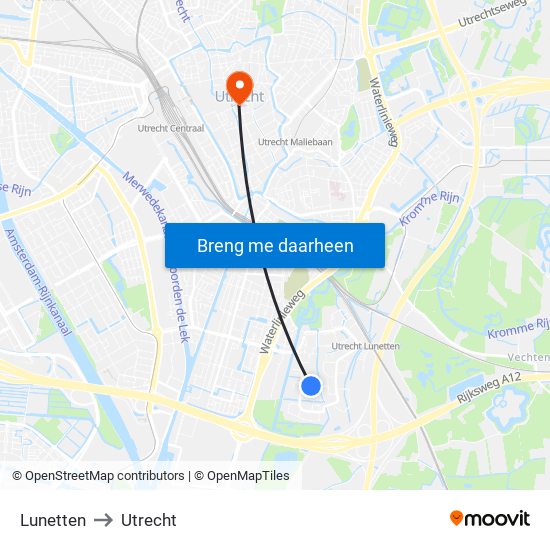 Lunetten to Utrecht map