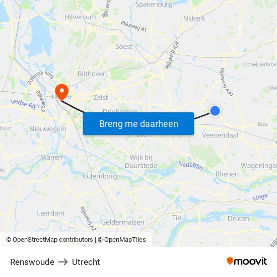 Renswoude to Utrecht map