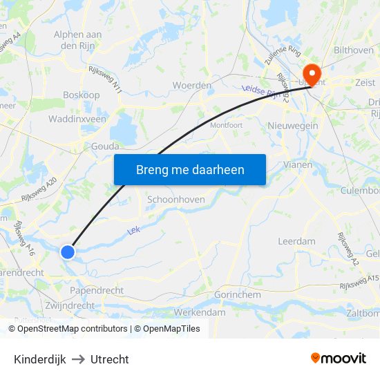 Kinderdijk to Utrecht map