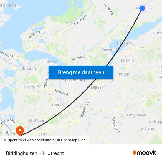 Biddinghuizen to Utrecht map