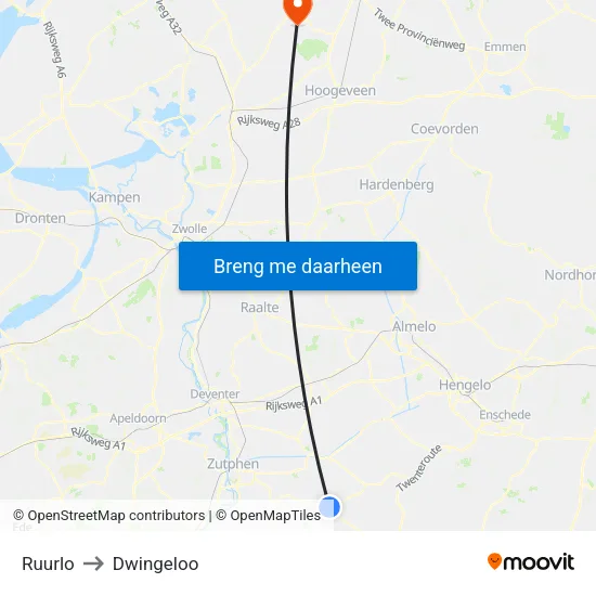 Ruurlo to Dwingeloo map