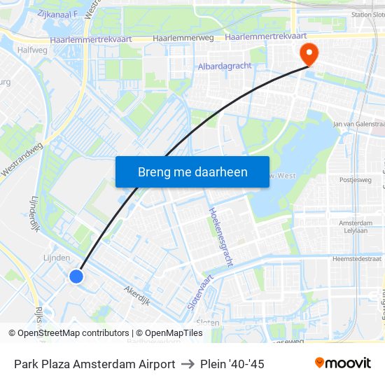 Park Plaza Amsterdam Airport to Plein '40-'45 map