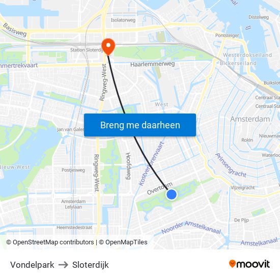 Vondelpark to Sloterdijk map