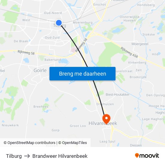 Tilburg to Brandweer Hilvarenbeek map