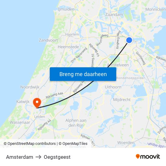 Amsterdam to Oegstgeest map