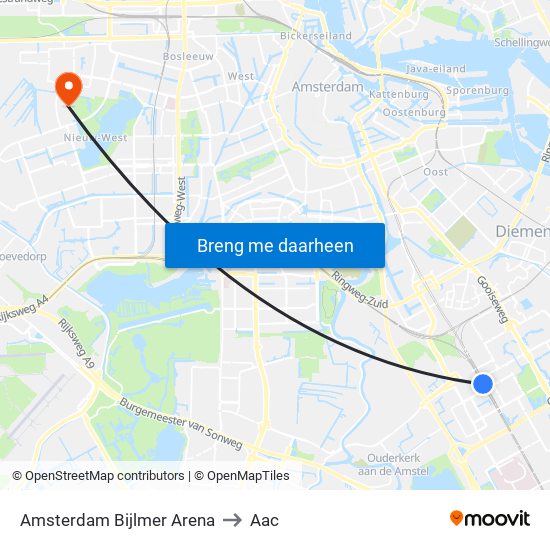 Amsterdam Bijlmer Arena to Aac map