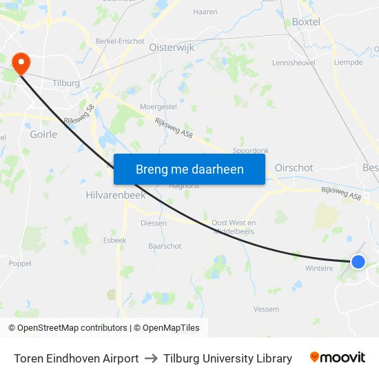 Toren Eindhoven Airport to Tilburg University Library map