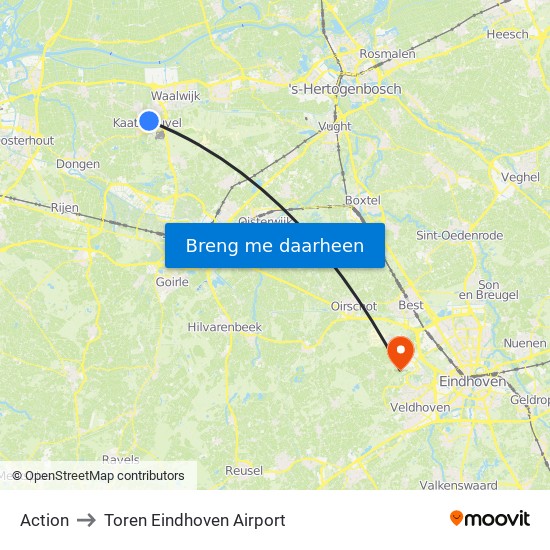 Action Kaatsheuvel to Toren Eindhoven Airport map