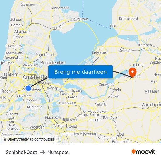 Schiphol-Oost to Nunspeet map