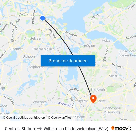 Centraal Station to Wilhelmina Kinderziekenhuis (Wkz) map