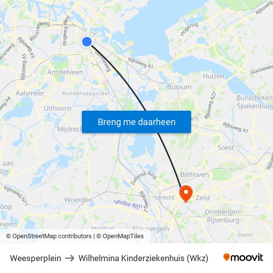 Weesperplein to Wilhelmina Kinderziekenhuis (Wkz) map