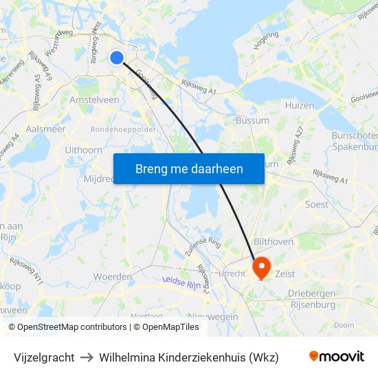 Vijzelgracht to Wilhelmina Kinderziekenhuis (Wkz) map