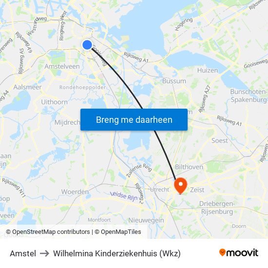 Amstel to Wilhelmina Kinderziekenhuis (Wkz) map