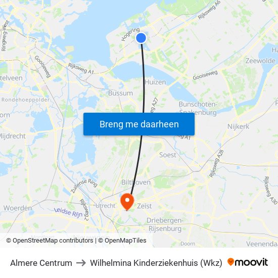 Almere Centrum to Wilhelmina Kinderziekenhuis (Wkz) map