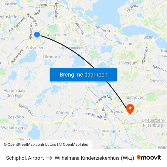 Schiphol, Airport to Wilhelmina Kinderziekenhuis (Wkz) map