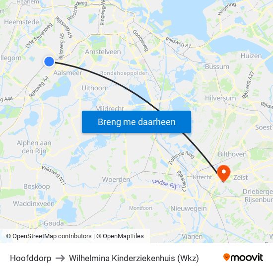 Hoofddorp to Wilhelmina Kinderziekenhuis (Wkz) map