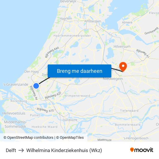 Delft to Wilhelmina Kinderziekenhuis (Wkz) map
