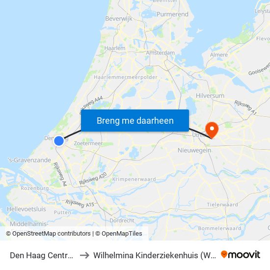 Den Haag Centraal to Wilhelmina Kinderziekenhuis (Wkz) map