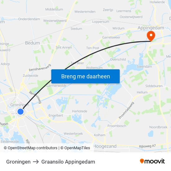 Groningen to Graansilo Appingedam map