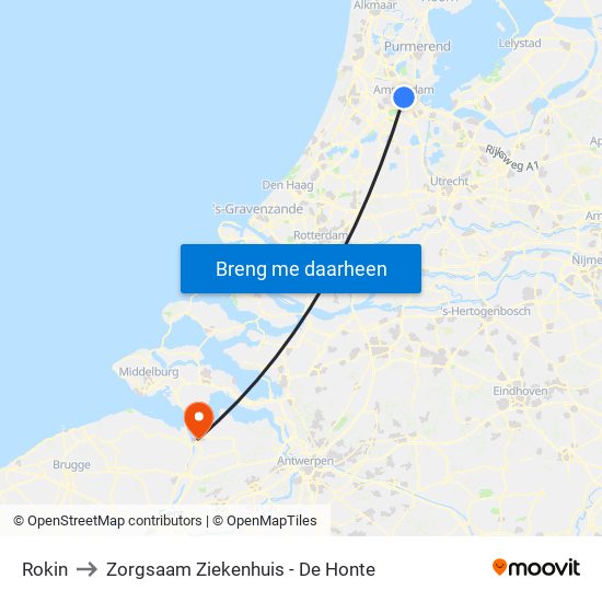 Rokin to Zorgsaam Ziekenhuis - De Honte map