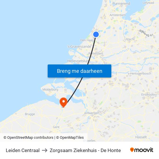 Leiden Centraal to Zorgsaam Ziekenhuis - De Honte map