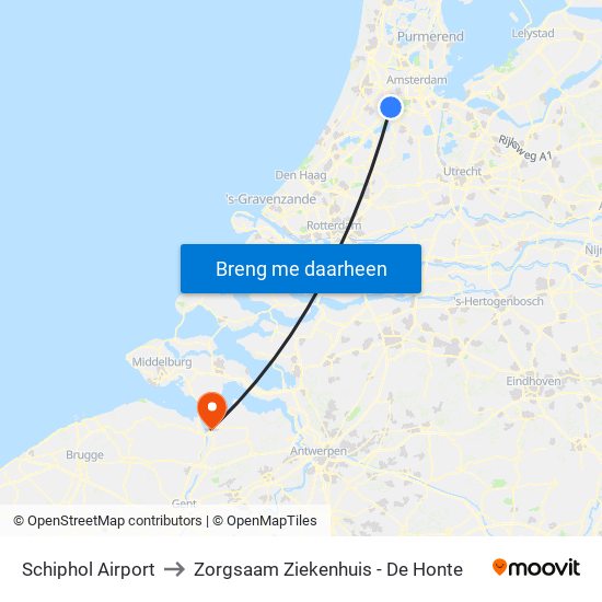 Schiphol Airport to Zorgsaam Ziekenhuis - De Honte map