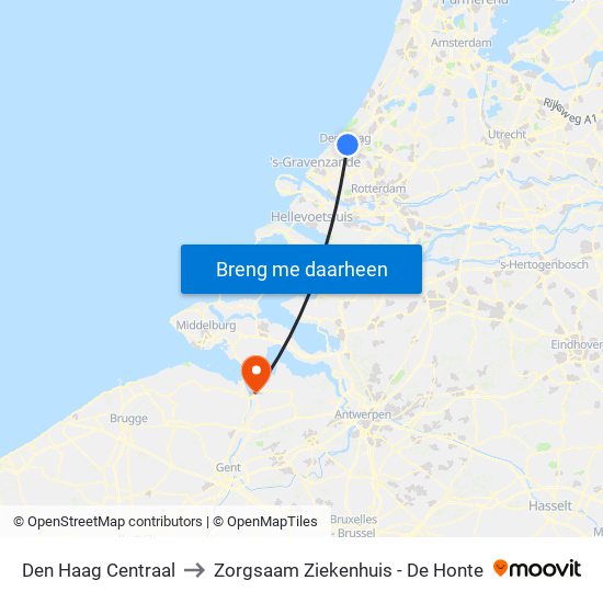 Den Haag Centraal to Zorgsaam Ziekenhuis - De Honte map