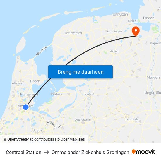 Centraal Station to Ommelander Ziekenhuis Groningen map