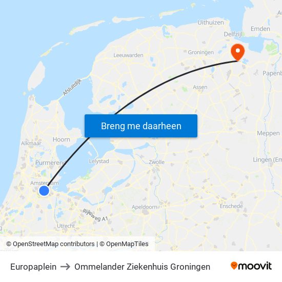 Europaplein to Ommelander Ziekenhuis Groningen map