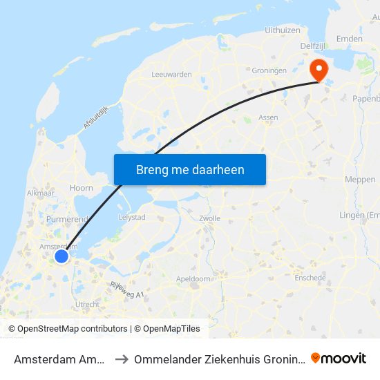 Amsterdam Amstel to Ommelander Ziekenhuis Groningen map
