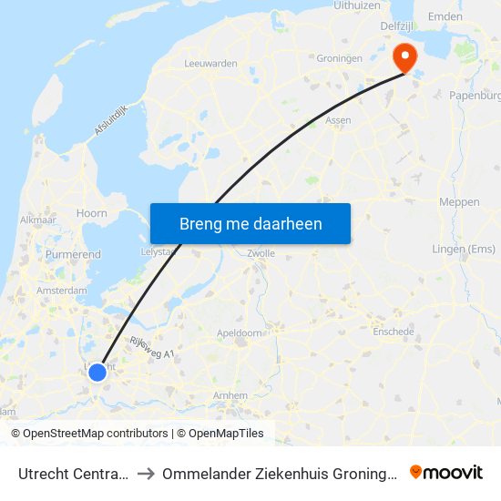 Utrecht Centraal to Ommelander Ziekenhuis Groningen map