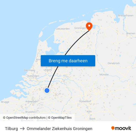 Tilburg to Ommelander Ziekenhuis Groningen map