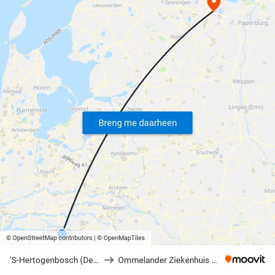 'S-Hertogenbosch (Den Bosch) to Ommelander Ziekenhuis Groningen map