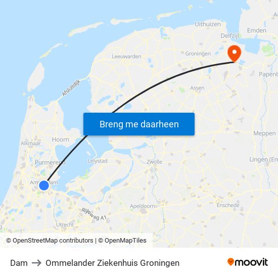 Dam to Ommelander Ziekenhuis Groningen map