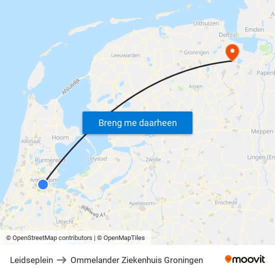 Leidseplein to Ommelander Ziekenhuis Groningen map