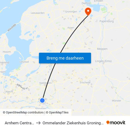 Arnhem Centraal to Ommelander Ziekenhuis Groningen map